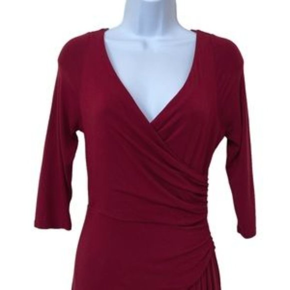 The Limited Faux Wrap Dress XS Womens Burgundy Gathered Draped Waist V Neck - Picture 2 of 5